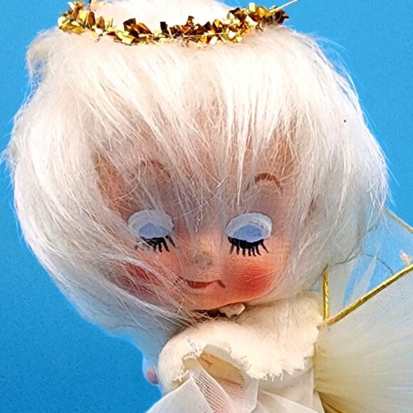 Vintage White Hair Pixie Angel Ornament Japan Organza Dress Tulle Wings 1960s - Picture 4 of 14